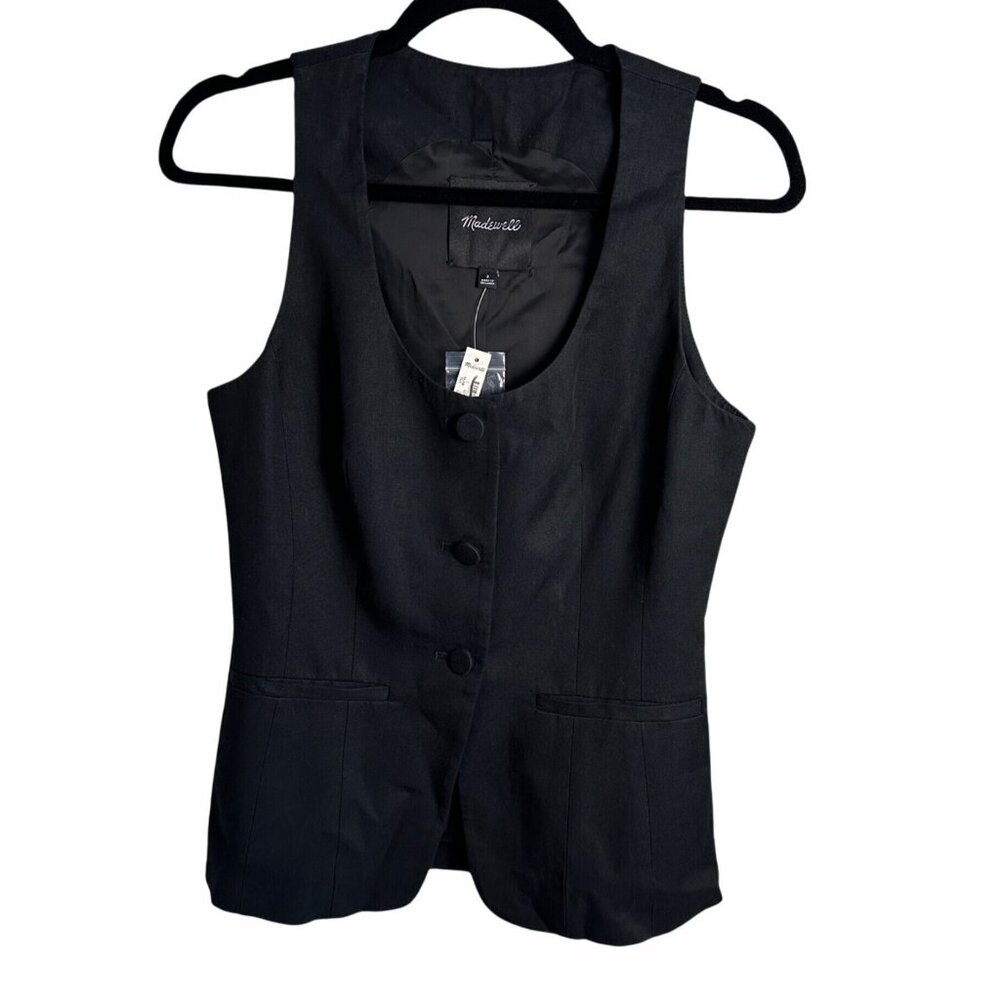 Madewell Scoopneck Cutaway Black Button Vest Top Size 2 Tailored Career Chic NWT - Picture 3 of 11